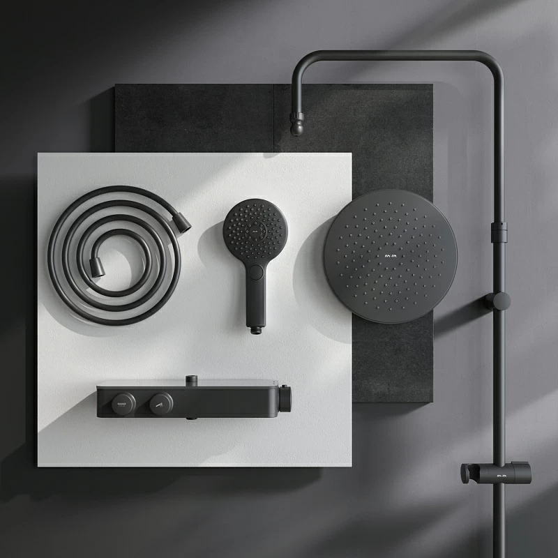 Душевая система AM.PM Inspire 2.0 F0750A422 стойка с тропическим душем, термостатом, смесителем, черная матовая