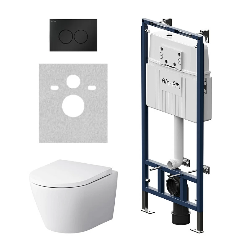 Унитаз подвесной безободковый с инсталляцией AM.PM Sense IS100138.741701 сиденьем микролифт, черной механ. клавишей