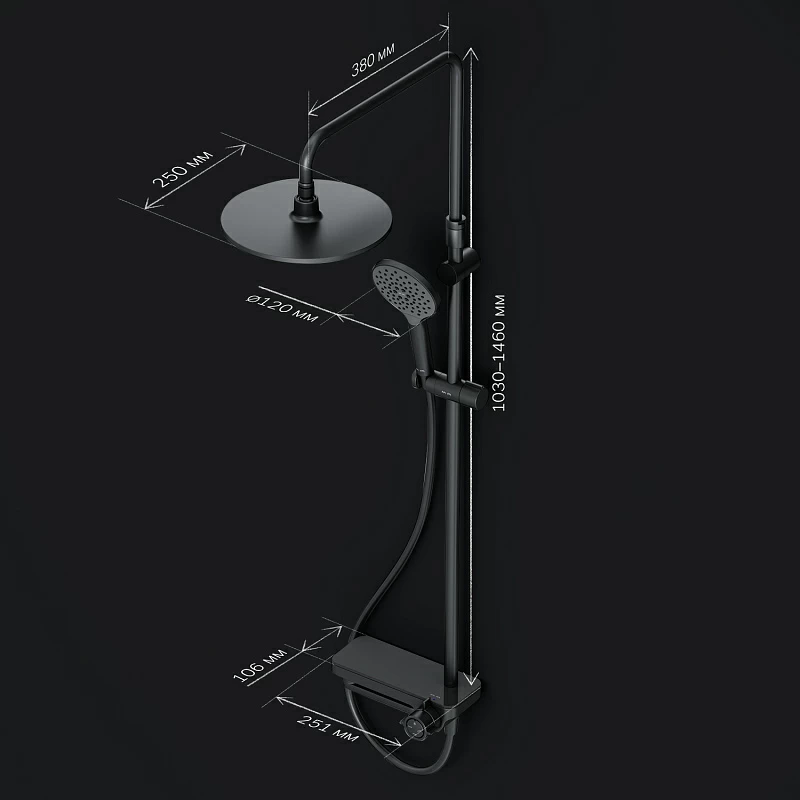 Душевая система AM.PM Like F0780722 стойка с тропическим душем, смесителем, изливом, черная матовая