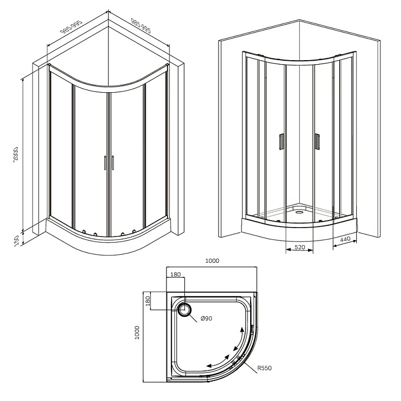 Душевое ограждение без поддона 100x100 AM.PM Gem W90G-401-100BT профиль черный матовый