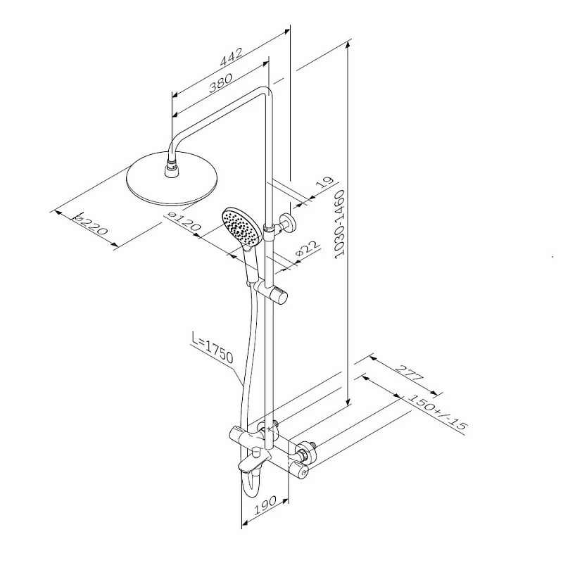 Душевая система AM.PM Like F0780522 стойка с тропическим душем, термостатом, смесителем, изливом, черная матовая