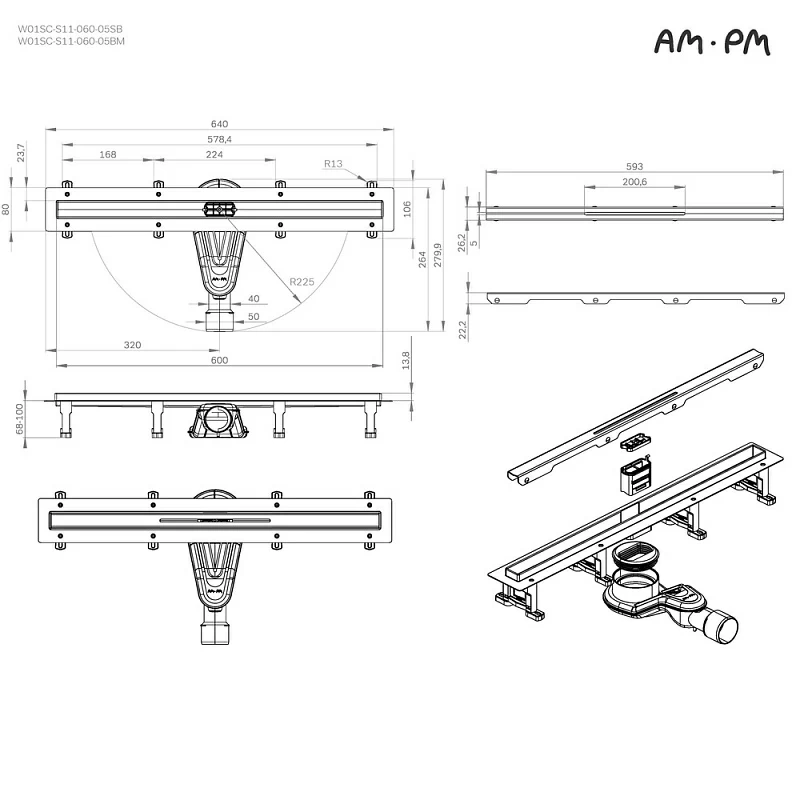 Душевой трап (лоток) 60 AM.PM MasterFlow Slim W01SC-S11-060-05SB комбинированный затвор со стальной матовой решеткой