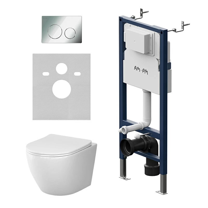 Унитаз подвесной безободковый с инсталляцией AM.PM Like IS90151.801900 сиденьем микролифт, хром механ. клавишей