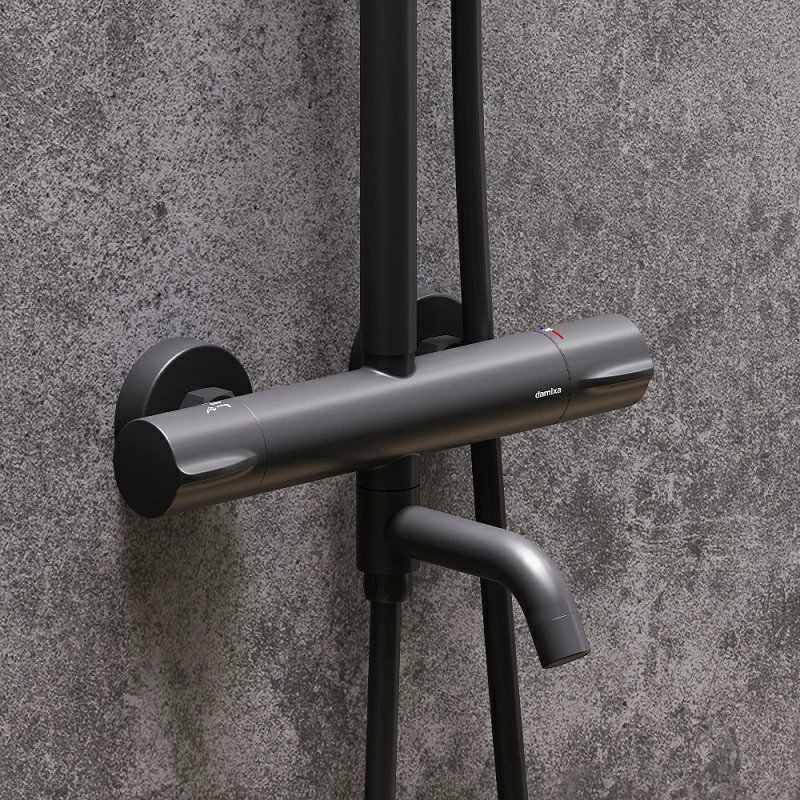 Душевая система Damixa Scandinavian Pure 936810300 стойка с тропическим душем, термостатом, смесителем, изливом, черная матовая
