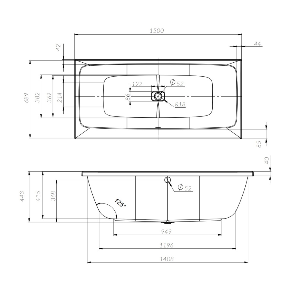 Ванна акриловая 150х70 см Func W84A-150-070W-A, Белый