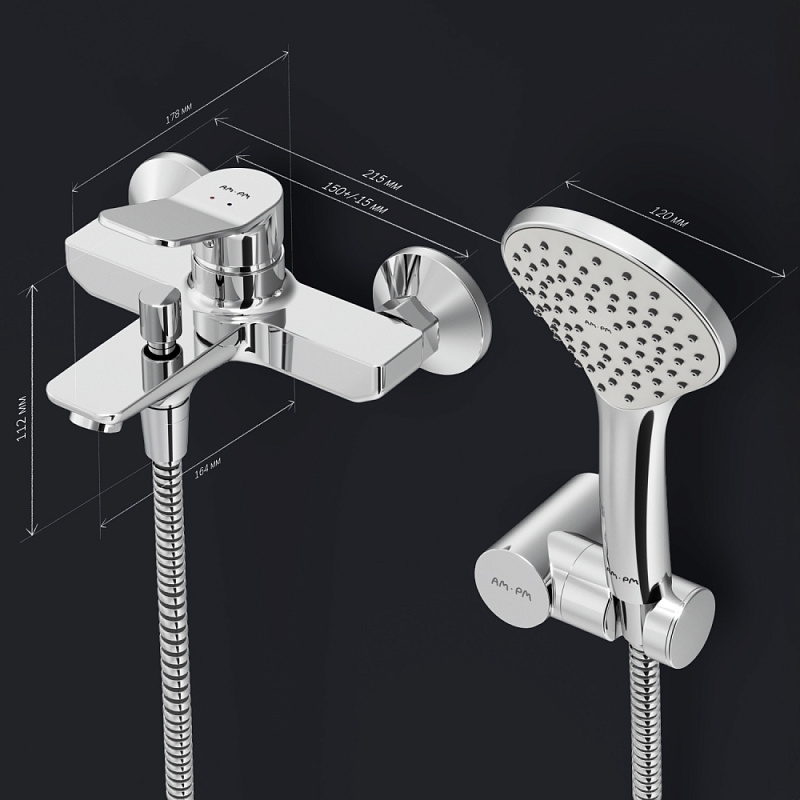 Смеситель для ванны и душа AM.PM X-Joy F85A15000 душевая лейка, шланг 1750, хром