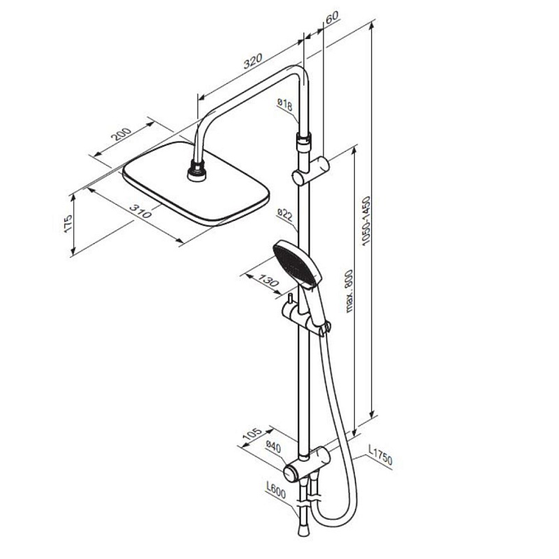 Душевая система Damixa Merkur 940000300 стойка с тропическим душем, черный