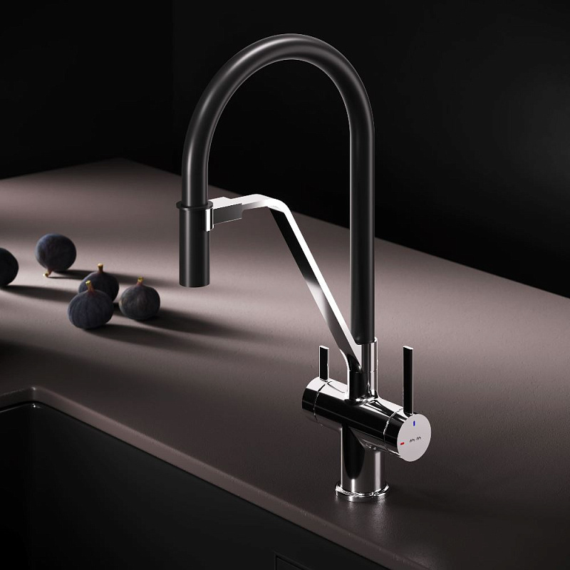 Смеситель для кухни AM.PM Func F8F07802 высокий, хром, с каналом для питьевой воды и гибким черным изливом